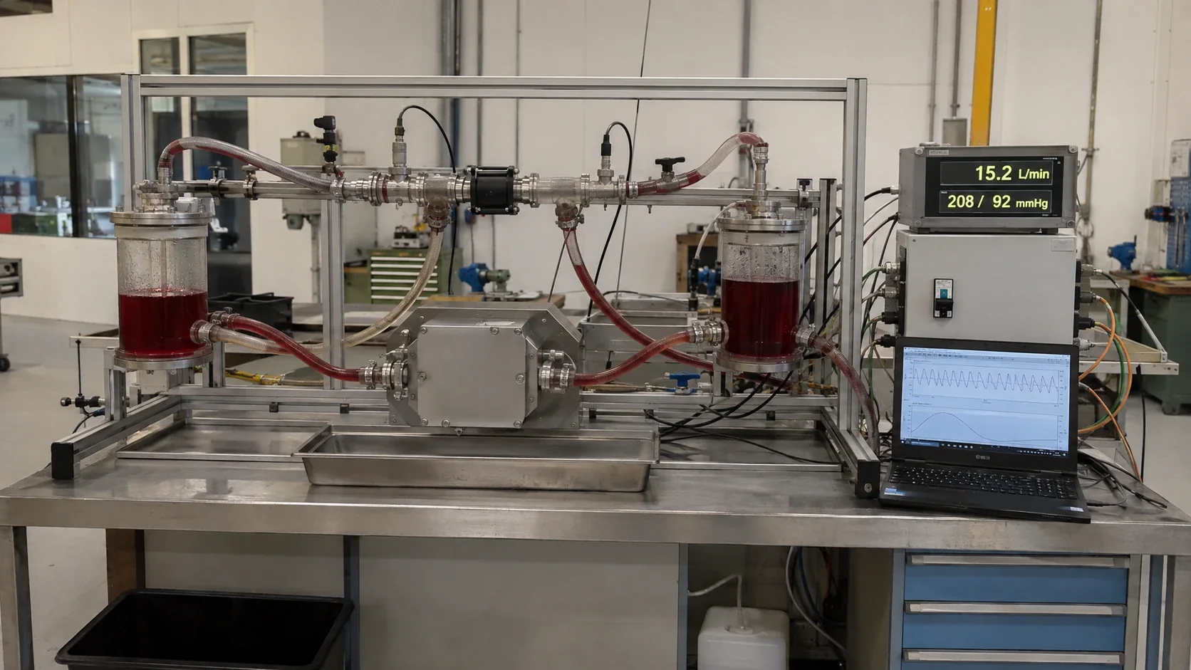 Circulatory test bench with two reservoirs, central pump housing, in-line sensors and instrumentation