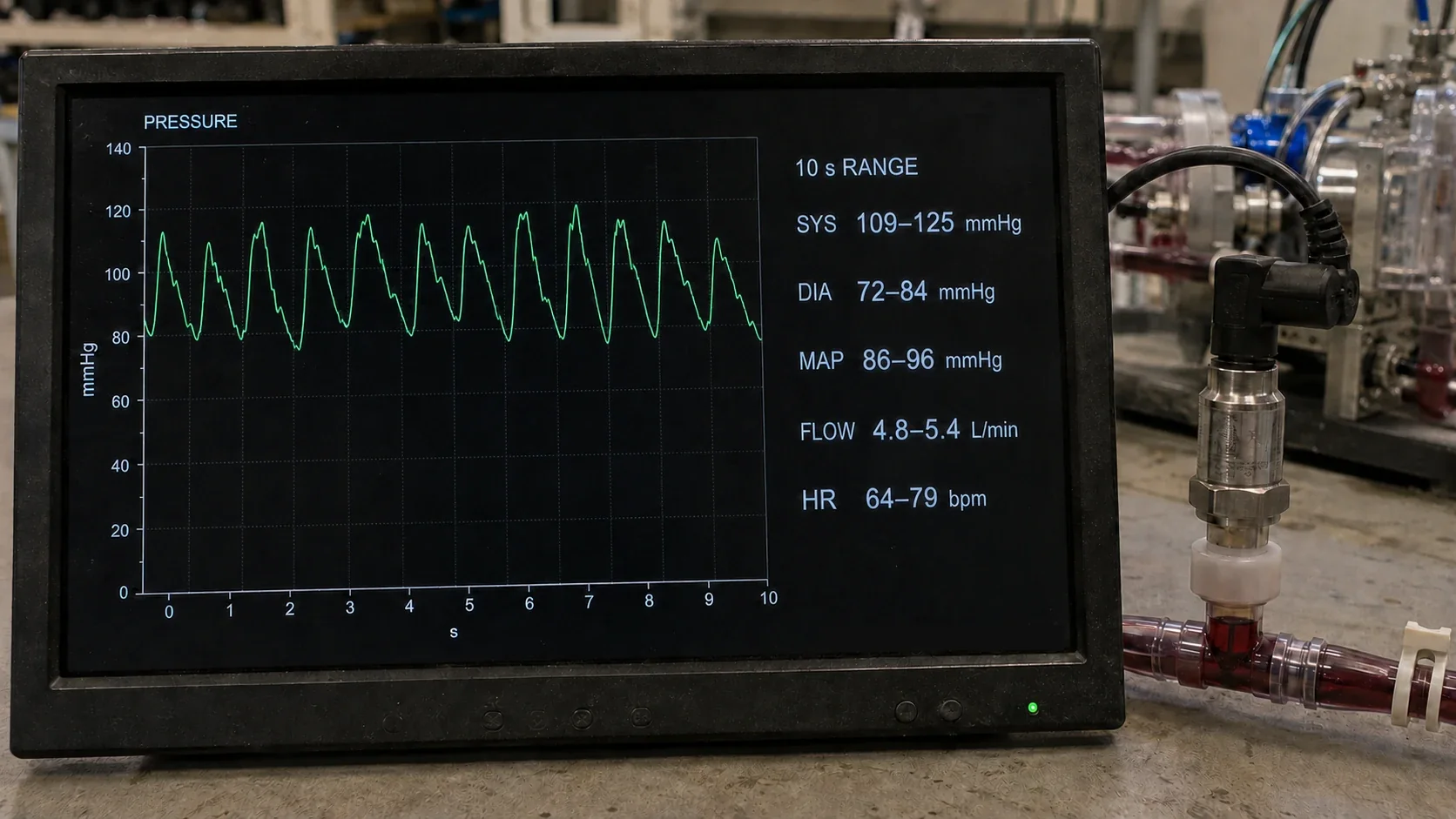 Monitor showing a pulsatile pressure trace with summary values over ten seconds